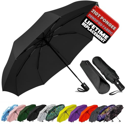 SIEPASA Parapluie de voyage compact, coupe-vent, ouverture/fermeture automatique, pliable, léger et durable, cadre en fibre de verre, toile imperméable, tient dans les sacs à dos/main et valises (noir