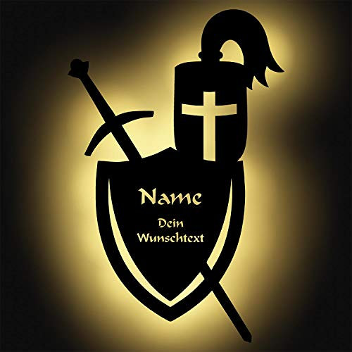 Schlummerlicht24 Licht & Deko Ritter Rüstung Helm Schwert und Schild I EIN LED Geschenk aus Holz mit Name personalisiert für Kinder & Erwachsene