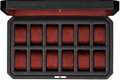 ROTHWELL Scatola per orologi in pelle a 12 slot - Organizer per espositori per casse per orologi di lusso, supporto per scatole portaoggetti da uomo con parte superiore in vetro grande (nero/rosso)