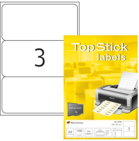 TopStick 8793 universella etiketter A4 stora, set med 10 (200 x 95 mm, 1 000 ark, papper, matt) självhäftande, utskrivbara, permanenta adressetiketter, 3 000 klistermärken, vit