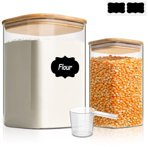ComSaf 3.4L/1.1L Square Glass Jars with Bamboo Lids, Large Glass Storage Jars, Wide Mouth Food Storage Container with Airtight Lids for Flour, Sugar, Rice, Pasta, Oats, Grains, Snacks, Candy