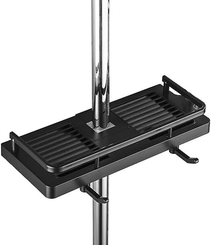 DUFU Étagère de Douche sans Percage Tablette de Douche pour Poteau avec Support de Pommeau,Étagère de Rangement de Salle de Bain pour Shampooing Savon,et 2 Crochets pour Barre de Douche de 21 à 25mm