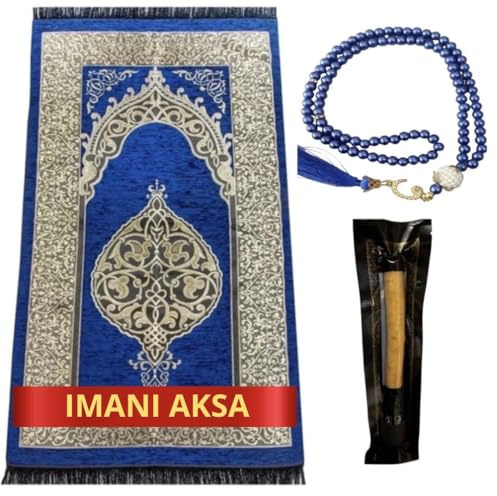 Imani Aksa Presentask muslimska presenter med bönmatta, misvak och bönkedja – seccade – bönmatta – rayer rug– sajadah- islamisk-Namaz– Janamaz– islam (blå)