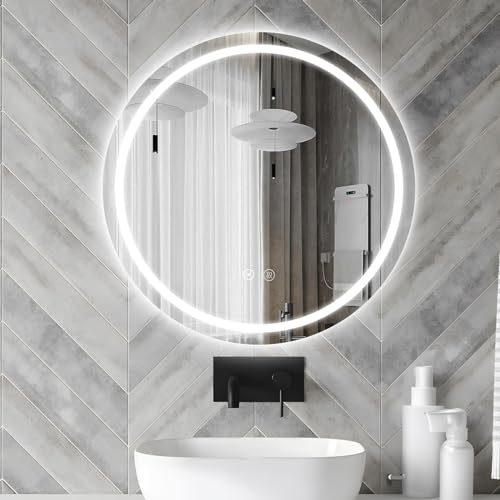 Sunrik LED-Badrumsspegel Rund 50 cm Med Belysning, 3 Dimbara Ljusfärger, Minnesfunktion, Pekbrytare, IP44 Energisparande