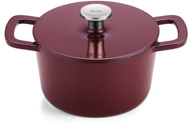 Fissler Moments Collection Rustidera de hierro fundido esmaltado, redonda, diámetro de 20 cm, olla de hierro fundido, función Cocotte AromaStar, inducción, color rojo burdeos