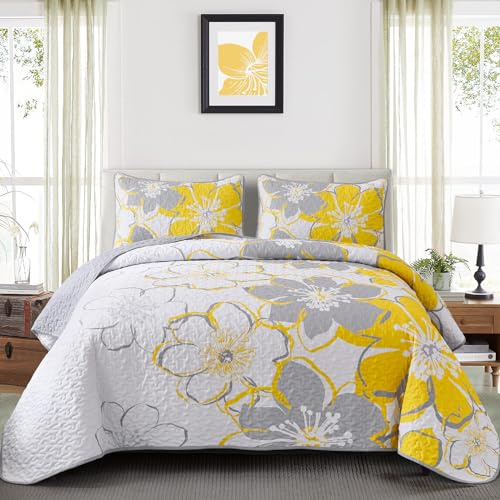 Luxudecor Floral Quilt Set Queen Size 3 Pieces Yellow Flower Bedspread with Pillow Shams Lightweight Soft Microfiber Bed Cover for All Seasons 96x90