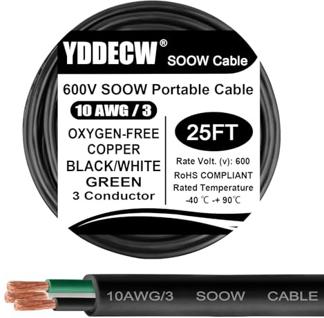 YDDECW 25ft 10/3 10 AWG Portable Power Cable (3 Conductor) - SOOW 600V 10 Gauge Electric Wire for Motor Leads, Portable Lights, Battery Chargers and Machinery - 3 Conductor - 25 Feet Electrical Cord