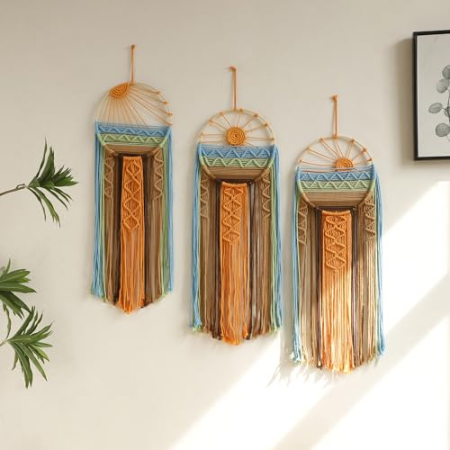 Artilady 3 Pack Macrame Wall Hanging Tapestry Sunrise Sunset Wall Art Set, Hand Woven Boho Tapestries Colorful Sun Wall Decor for Bedroom Living Room Apartment (3 Pcs)