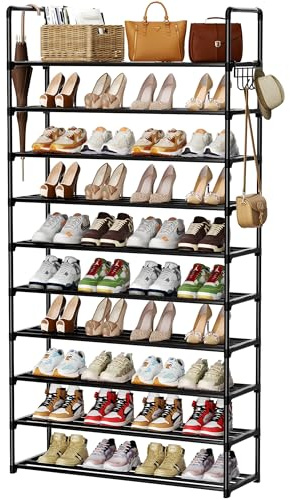 SPUSEN Metal Shoe Rack, 10 Tier Shoe Storage Organizer with Hooks,Fit 40-45Pairs Shoes,Metal Tall Shoe Shelf for Closet,Entryway,Garage,Bedroom,Cloakroom