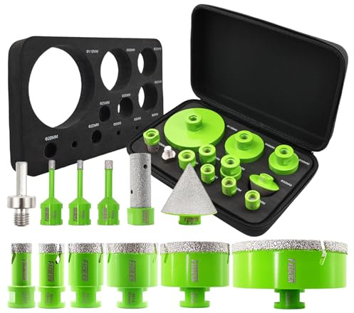 Diamond Tile Hole Saw Kit - FACHLICH M14 Diamond Core Drill Bits Set 12pcs (6/6/8/20/25/35/50/68/110mm+20F+50B+Hex Adapter) for Tile Porcelain Granite Marble