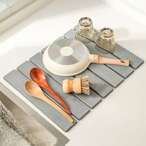 Volminex Foldable Diatomit Diskmatta, Stone Dish Drying Mat, Snabbtorkande Droppmatta för Diskbänk & Köksbänk, Multifunktionell Diskmatta för Porslin, Kaffemaskin, Kök och Badrum (Ljusgrå, M) | Dräneringsskål vattenabsorberande för köksbänk, droppunderlägg för tallrikar och skålar, matta för bestickförvaring