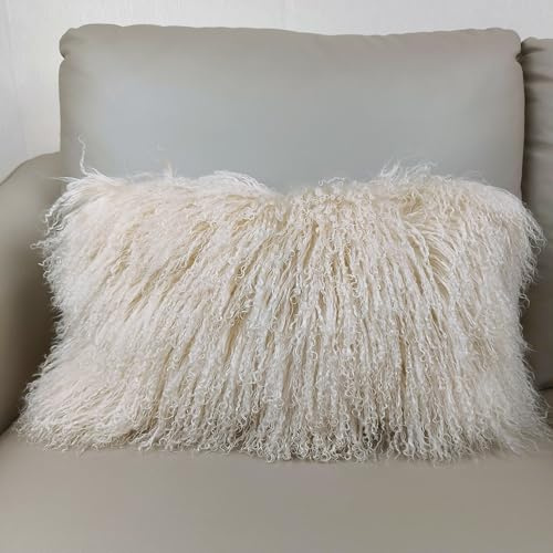 Generico Cuscino in pelliccia di agnello tibetano e mongolo fatto a mano – 30 cm x 50 cm | Decorazione d'interni etnica di lusso beige