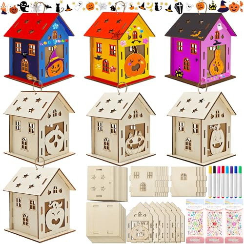 Lets Joy Maison de Halloween Crafts en Bois, 7PCS Kit de Loisirs Créatifs Automne pour Enfants, Bricolage Automne en Bois, Citrouille Motif et Crayons Autocollants, Halloween Cadeau