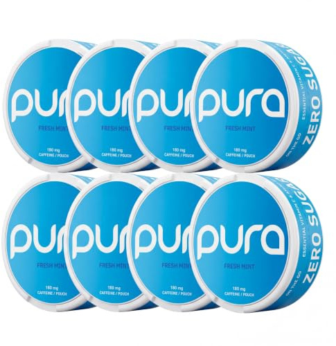 Pura Energy Pouches | 180 mg Naturligt Koffein | Sockerfri Energi med Vitaminer & Aminosyror | 20 per dosa  (8-pack, Fresh Mint)