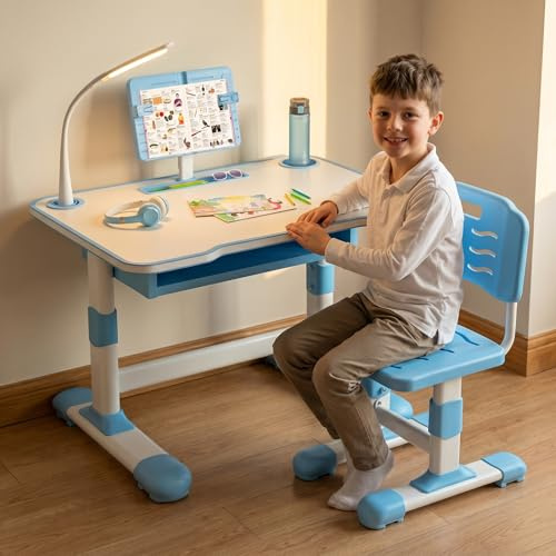 joukares Kids Desk and Chair Set, Height Adjustable Children’s Study Desk with Reading Stand, Large Drawer, LED Lamp for Homework, Reading, Drawing, Kids Bedroom Learning Station