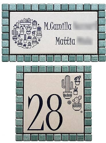 GUIZZO Creart - Targa Personalizzata Nomi in Ceramica 17x9.5H cm + Numero Civico Esterno 12x12H cm, Set Targhetta Personalizzata Cornice Mosaico + Numeri Civici Esterni, Targhetta Porta Ingresso Verde