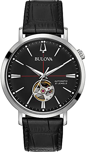 Bulova Men's Classic Aerojet 3-Hand Automatic Leather Strap Watch, Open Aperture, 40-Hour Power Reserve, Double Curved Mineral Crystal, 41mm