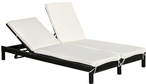 Outsunny Polyrattan Doppelliege Sonnenliege Gartenliege für 2 Personen Relaxliege Luxus Lounge 5-stufige Rückenlehne Metall PE Rattan Weiß 196 x 120 x 28 cm