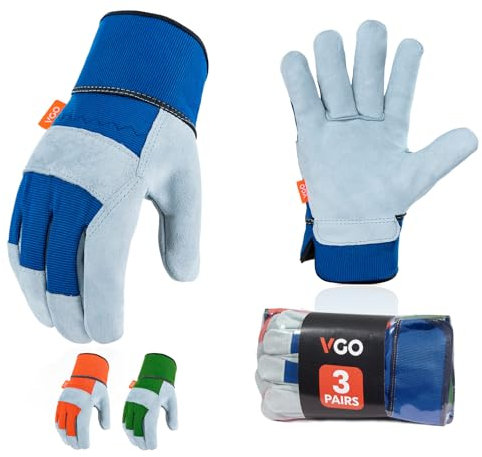 Vgo... 3Pairs Gardening Gloves Cowhide, Work Gloves Thornproof Utility for Yard Trucker Delivery Garden with Strong Grip