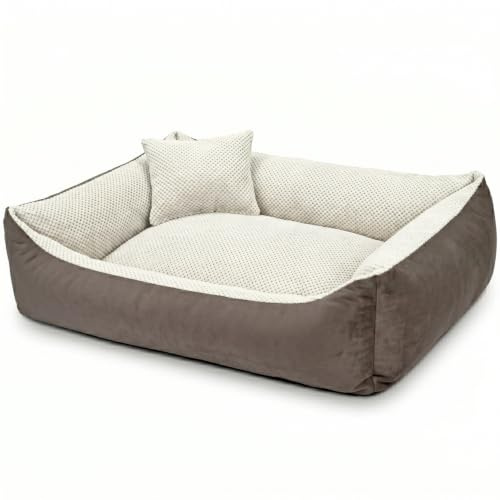 4L Textil TEO Stor Hundbädd Tvättbar med Avtagbart Överdrag – Hundkorg för Stora Hundar i Slitstarkt Möbeltyg – 100x80 cm, Brun/Beige