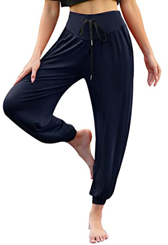 Terecey Pantalon Sarouel Femme Été Pantalons de Yoga et Pilates Femme en Modal Pantalon de Jogging Taille Elastique pour Hippie Danse Sport Bleu Marine XL