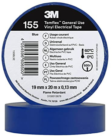 3M Temflex 155 Isolierband, Vinyl Blau, 0.13mm x 19mm x 20m