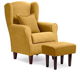 Sillonea - Sillón Orejero Roma con Puff/reposapies, butaca pequeña para salón, Ideal para Ver la TV/Leer. Medida: 100x74x77cm. Tapizado con Tela Antimanchas. (Mostaza, Cerezo)
