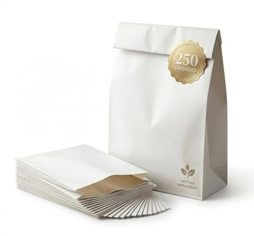 Daymand Store Bolsas Papel Kraft Bolsas de Papel en paquete de 250 uds y una medida de 12x20cm + 6cm de fuelle Bolsas papel pequeñas
