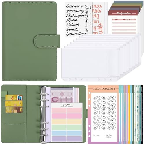 SKYDUE Budget Planner Deutsch,Spar Challenge Für Budgetplaner, Sparbuch Für Geld, Geld Organizer Mit Geldfächer, Challenge Binder Deutsch Startset(Olivgrün)