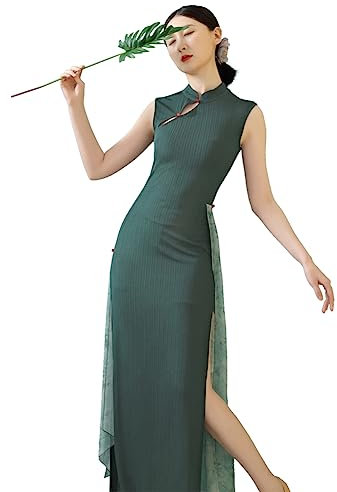 ROYAL SMEELA Grün Traditionell Chinesisch Cheongsam Lang Kleid Damen Gestrickt Chinesisches Cheongsam Qipao Kleid Für Frauen Ärmellos Geschlitzt Cheongsam Kleid Damen Chinesischer Stil Qipao Kleid