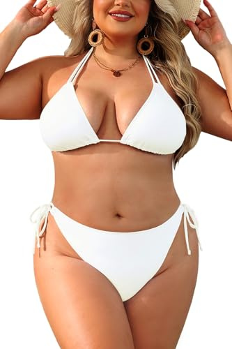 Daci Women Plus Size Triangle Bikini Sets Two Piece Double Straps Halter Swimsuit Side Tie String Sexy Bathing Suits, White, 16 Plus