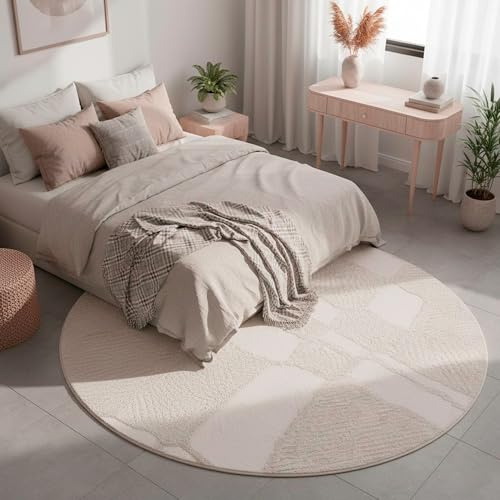 TESSO LIVING Tappeto Soggiorno a pelo alto - Ø120 cm (rotondo) - unicolore Bianco - Motivo a linee alte e basse - Effetto 3D - Tappeto shaggy per camera da letto, Boho, Scandi