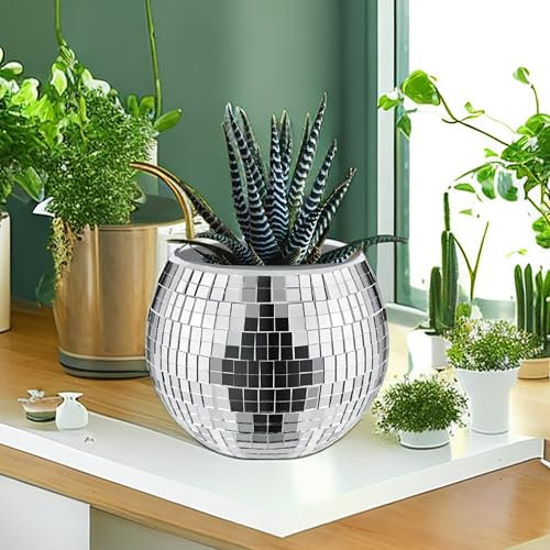 Qiumyanlod Discokugel-Pflanzgefäß, Glas-Disco-Kugel-Blumentopf, silberfarbener Spiegel-Pflanzgefäß, Disco-Pflanzenhalter, Discokugel-Vase, Boho-Disco-Dekor für Zimmerpflanzen, Sukkulenten, Kakteen,
