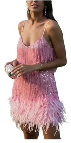 HWJFDC Robe Frange Paillette Sexy Gland Paillettes Plume Mini Robe Femmes Or Robes de Cocktail Femme élégante soirée Club Robe de Bal(Pink,L)