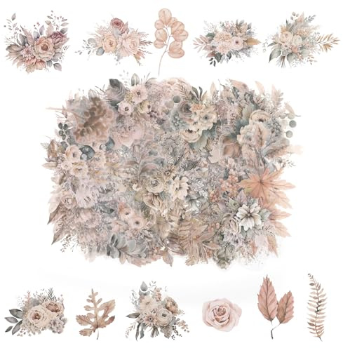 200 Stück Scrapbooking Aufkleber Blumen Pet Sticker Pflanzen Aesthetic Für Fotoalbum Transparente Wasserfeste Aufkleber Selbstklebende Aufkleber Scrapbook Zubehör Für Diy Tagebücher（B-Stil）