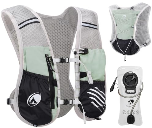 Outplea Laufweste mit 2L Trinkblase, Leicht Trinkrucksack für Fahrrad Herren Damen, Reflektierend Trinkweste Laufrucksack Wasserrucksack für Laufen Marathon Jogging Radfahren MTB, Grün