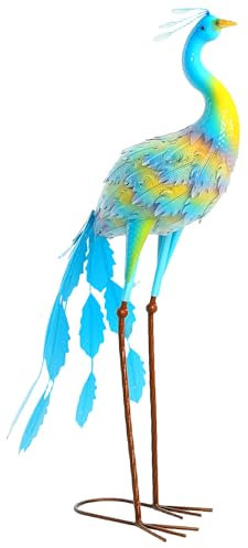 Outsunny Statua da Giardino a Pavone, Ornamento da Giardino in Piedi, Regalo da Giardino in Metallo con paletti, per Patio, Stagno, Paesaggio, Decorazione, Multicolore