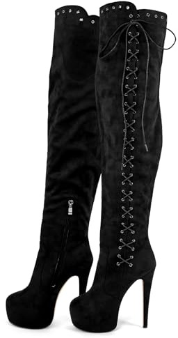 Rhineshell Women's Platform Above the Knee High Boots Lace Up Strappy Boot Zip Up Stilettos Round Closed Toe Slim High Heels Faux Suede Party Dancing Shoes Black Size 14