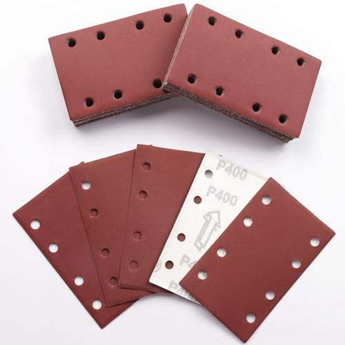 Sruhrak 80x133mm Schleifpapier, 50 Stück Schleifblatt 400 Körnung Set Rechteckiges Schleifblatt Klett 8 Löcher Schleifpad für Schwingschleifer