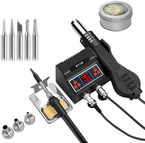 700W 2 in 1 Lötstation Lötkolben + Heißluftpistole, mit 5 Zusätzlichen Lötspitzen und 3 Heißluftdüsen, Heißluftlötstation, mit LED Display und Reiniger, 100-480℃ Einstellbare Temperatur