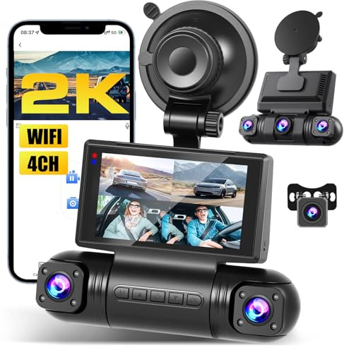 Inefala 2K WiFi 4 Canali Dash Cam, 360 Gradi Dashcam con 1080P Interno Destro+Sinistro+Posteriore, Telecamera Auto con G-Sensor, WDR, Visione Notturna, Monitor di Parcheggio
