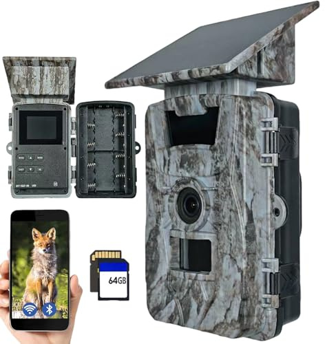 EMEBAY Cámara de Caza Solar con Tarjeta SD de 64GB, 4K 60MP WiFi Cámara de Caza con Batería Recargable 5200mAh, Cámara de Fototrampeo con Visión Nocturna Infrarroja, Detección de Movimiento, IP66