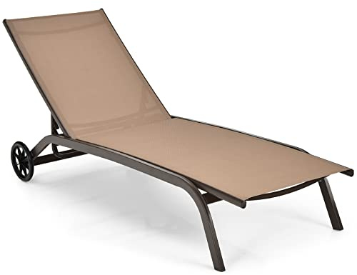 COSTWAY Sonnenliege mit Rollen, Gartenliege mit Verstellbarer Rückenlehne und schnell trocknendem Stoff, Relaxliege bis 150kg belastbar, Liegestuhl für Garten, Balkon, Terrasse, Braun