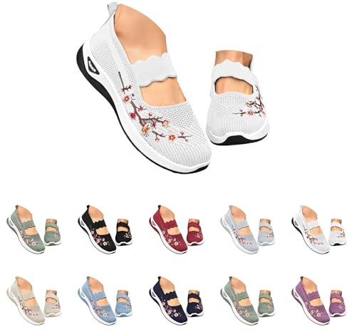 Ortopediska skor damer sommar, promenadskor damer lätta sneakers breda H sommarskor halkfria fritidsskor broderi blomma hälsoskor bekväma slip-on tygskor