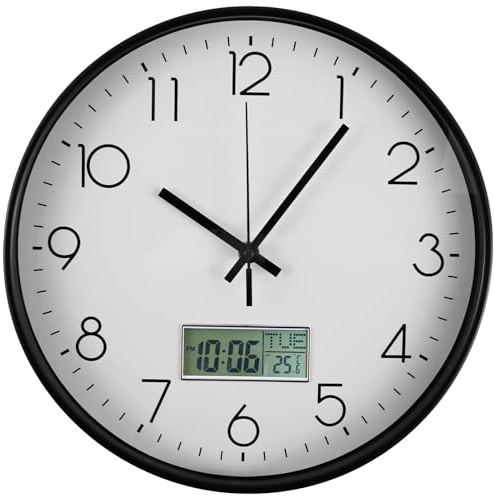 BAODBF Digital radioklocka vägg med LCD-display, väggklocka radio med månad datum veckodag och temperaturvisning, trådlös väggklocka ljudlös Ø 29,5 cm stor urtavla, väggklockor för vardagsrum badrum