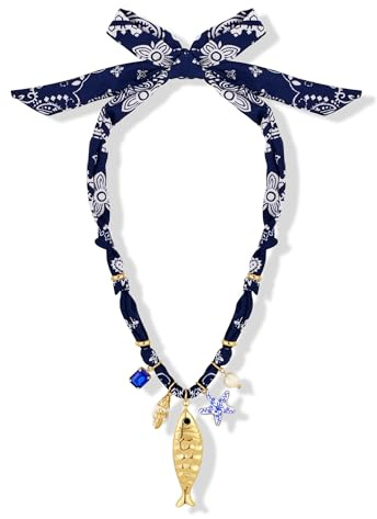 TOVABA Collar para mujer con bufanda de seda, cadena de bufanda de seda con estrella de mar y colgante de concha, bisutería bohemia en aspecto marítimo para verano y vacaciones
