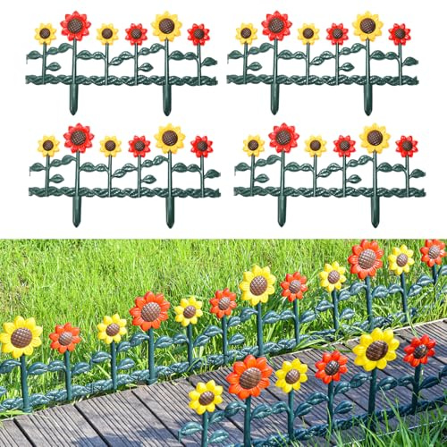 Sungmor Plastic Edgings Garden Picket Fence - Grass Lawn Flowerbeds Plant Borders - Decorative Sunflower Landscape Path Panels - Pack of 4 (Overall Length 98 Inches) - Lightweight & Easy Installation