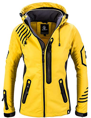Rock Creek Damen Softshell Jacke Windbreaker Regenjacke Übergangsjacke Softshelljacke Damenjacke Regenmantel Outdoorjacke Kapuze D-402 Gelb-Grau 3XL