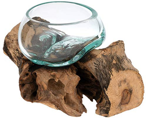 Nexos Handgemachte mundgeblasene Glasschale auf Wurzelholz Glasvase Dekoschale aus Glas Ø10cm ca. 18 x 14 cm Reine Handarbeit Gamal Teak Holz