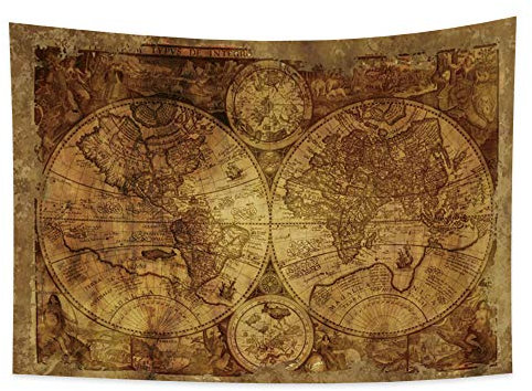 YONGFOTO 180x160cm Mappa del mondo Arazzo Appeso a parete, Vintage Screziato Mappa del mondo Murale Coperta per camera Vecchio secolo Avventura Scoperta storica per la scuola Aula Dorm